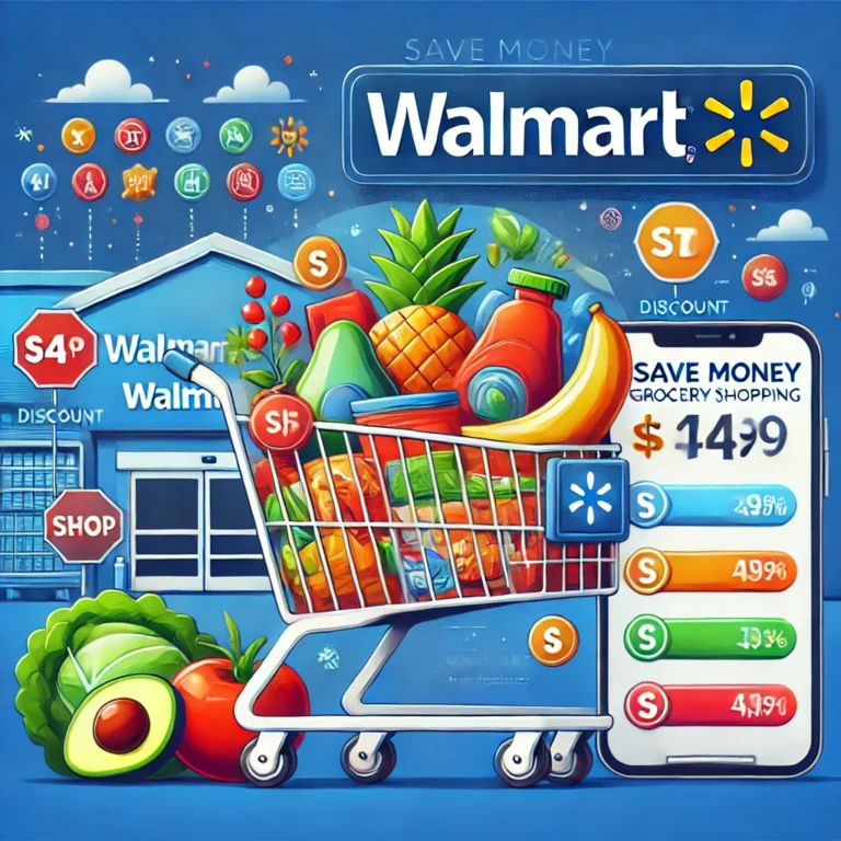 DALL·E 2024-09-29 05.46.46 - A vibrant feature image for a blog post about saving money on grocery shopping at Walmart. The image should include a shopping cart filled with grocer